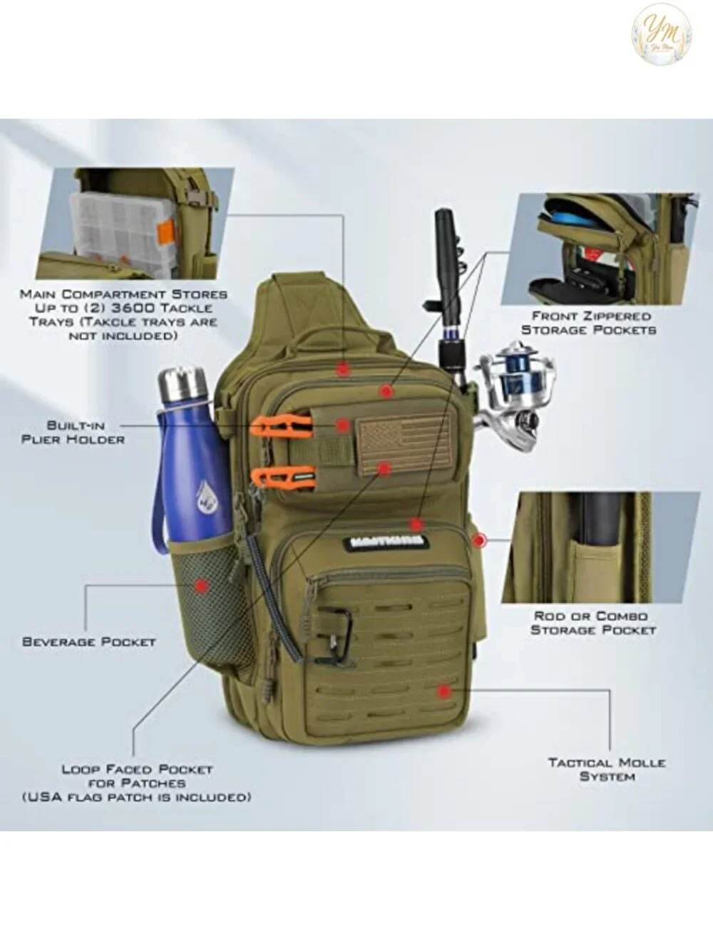Tactical Fishing Sling Backpack with Rod Holder, Molle System, Water-Resistant